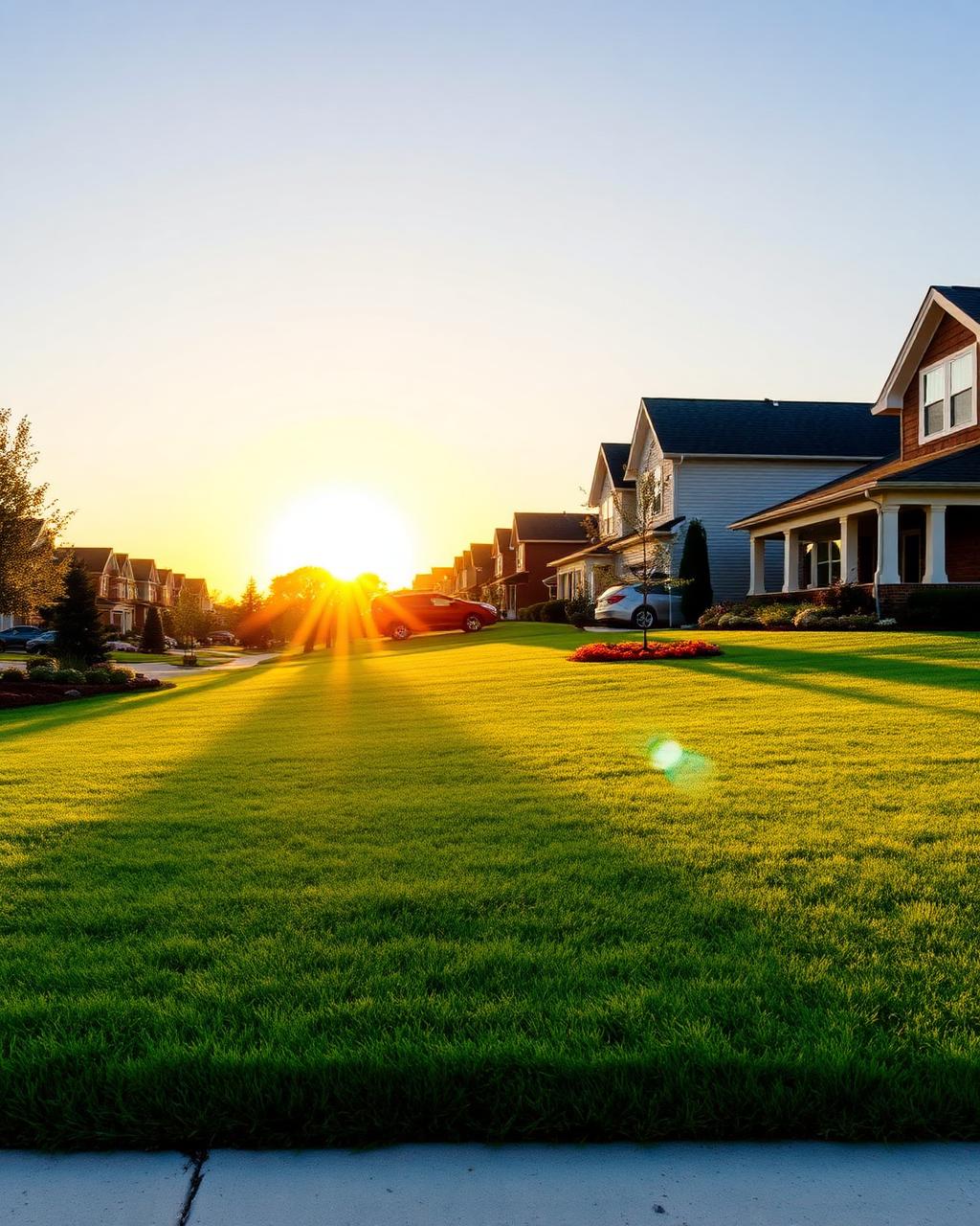Freshly mowed lawn at sunrise in a Harford County, Maryland neighborhood